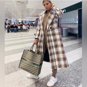 Mango MNG Long Plaid Double Breasted Check Coat Wool Blend